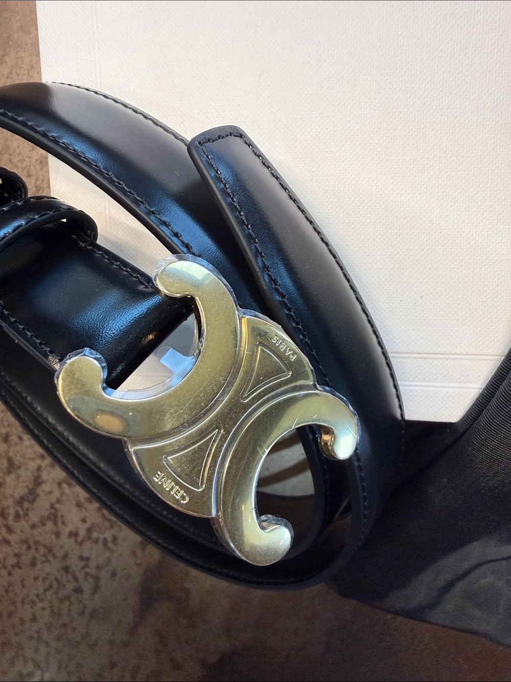 Celine Black Leather Belt with Gold-Tone Triomphe Buckle